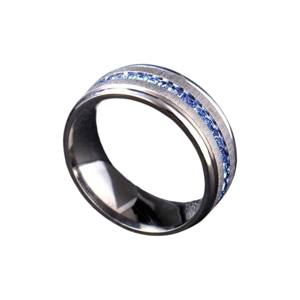 New Men's Stainless Steel Band Ring with Blue Cubic Zirconia Row Size 11 - Picture 2 of 3